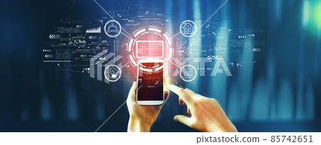 Online meeting theme with person using smartphone Online meeting theme with person using smartphone 85742651
