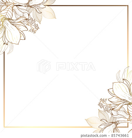 Square golden frame made of small flowers and branches of a golden plant on a white background. Minimalism of forms in a square frame and abstraction. Vector illustration. Square golden frame made of small flowers and branches of a golden plant on a white background. Minimalism of forms in a square frame and abstraction. Vector illustration. 85743661