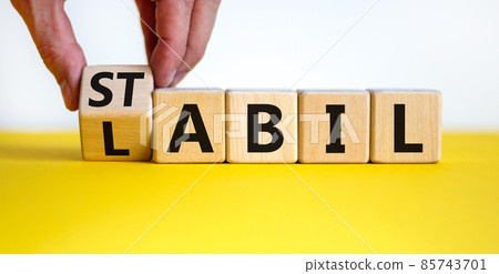 Hand turns a cube and changes the German word 'labil' - unstable in English to 'stabil' - stable in English. Beautiful yellow table, white background, copy space. Hand turns a cube and changes the German word 'labil' - unstable in English to 'stabil' - stable in English. Beautiful yellow table, white background, copy space. 85743701
