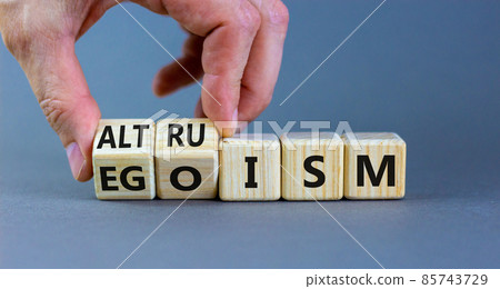 Altruism or egoism symbol. Businessman turns wooden cubes and changes the word 'egoism' to 'altruism'. Beautiful grey background, copy space. Business, psychological and altruism or egoism concept. 85743729
