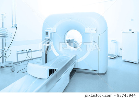 Medical CT or MRI Scan in the modern hospital laboratory. Interior of radiography department. Technologically advanced equipment in white room. Magnetic resonance diagnostics machine. 85743944