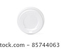 Plastic disposable top coffee cap lid isolated on white. Blank white disposable coffee cup lid mock up lying top view, 3d rendering. Empty drinking mug mock-up. Clear plain tea take away package. 85744063