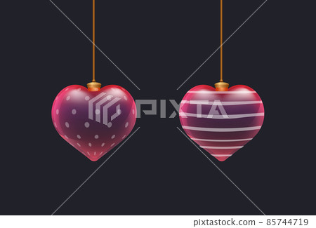 Pair 3D red glass heart toys with pattern on surface. Valentine's day elements. Decor for print, flyer, banner, web or advertisign Pair 3D red glass heart toys with pattern on surface. Valentine's day elements. Decor for print, flyer, banner, web or advertisign 85744719