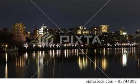 Illuminated Osaka Castle and Kema Sakuranomiya Park along the river 85744802