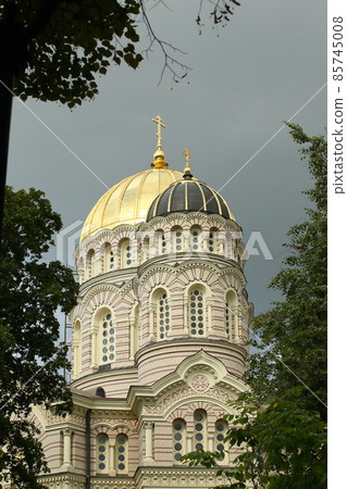 Russian Church in Riga against the background of a stormy sky. High quality photo Russian Church in Riga against the background of a stormy sky. High quality photo 85745008