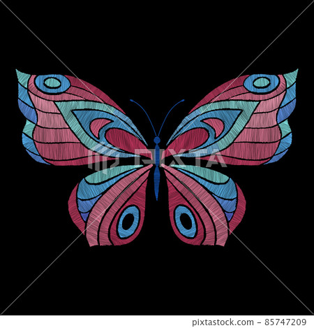 Embroidery butterflie. Floral butterfly, orange flying insect. Textile decoration, fashion graphic patches. Stitch templates, nowaday vector 85747209