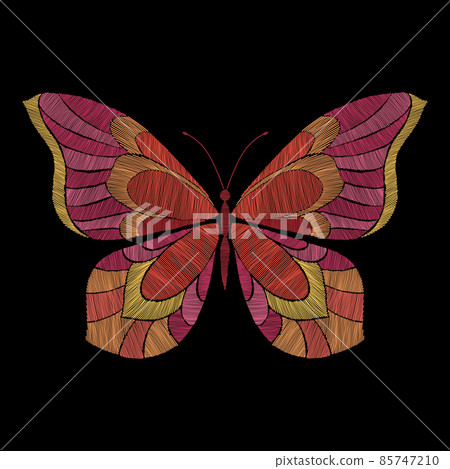 Embroidery butterflie. Floral butterfly, orange flying insect. Textile decoration, fashion graphic patches. Stitch templates, nowaday vector 85747210