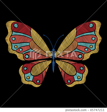 Embroidery butterflie. Floral butterfly, orange flying insect. Textile decoration, fashion graphic patches. Stitch templates, nowaday vector 85747211