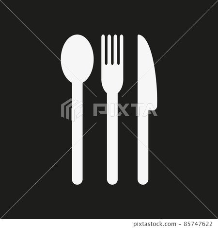 White vector icon of cutlery on black background. White vector icon of cutlery on black background. 85747622