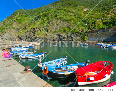 Vernazza Bay With Colorful Boats - Cinque Terre, La Spezia Province, Liguria Region, Italy Vernazza Bay With Colorful Boats - Cinque Terre, La Spezia Province, Liguria Region, Italy 85749453