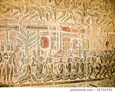 Siem Reap, Cambodia, 2019. A painter selling painting of Angkor Wat, Angkor Thom, Bayon temple in the Angkor Wat complex. 85749740