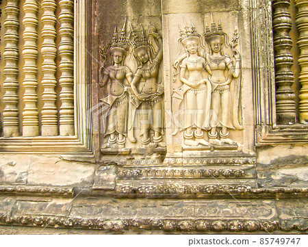The detail of stone carvings in Angkor Wat, Cambodia. 85749747