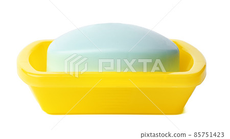 Soap on a plastic soap dish isolated on a white background Soap on a plastic soap dish isolated on a white background 85751423