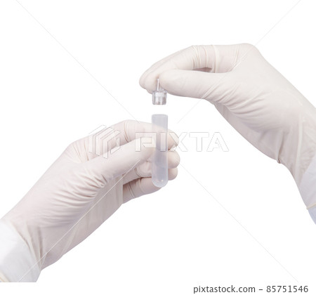 Hand with white glove opening plastice tube isolate or dropper tube is on white background with clipping path 85751546