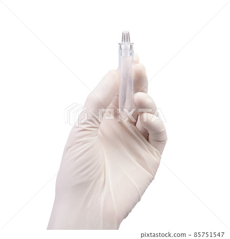 Hand with white glove holding plastice tube isolate is on white background with clipping path 85751547
