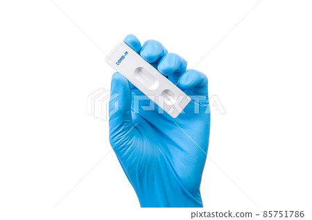 Doctor hand with blue glove holding Rapid antigen test Rapid Strep Test RST kit,Quick Antigen Detection Testing RADT, COVID-19 virus disease healthcare check 85751786