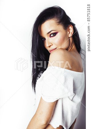 young pretty brunette girl with makeup on white background casual close up dreaming isolated smiling cool emotional posing young pretty brunette girl with makeup on white background casual close up dreaming isolated smiling cool emotional posing 85751818