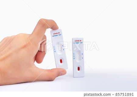 Hand holding Quick antibody detection test Coronavirus detection one step test kit. showing positive and negative result Fast COVID-19 serologic diagnostic test Self  antigen rapid test concept 85751891