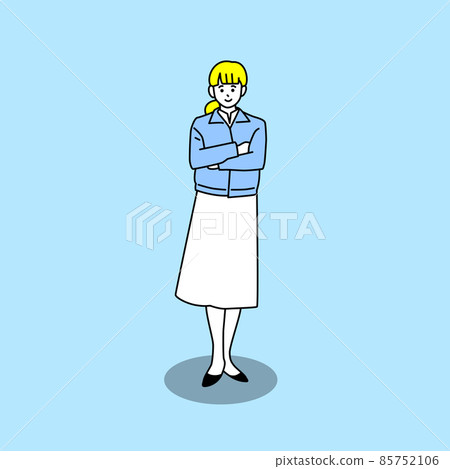 A woman wearing work clothes with her arms crossed with a smile. 85752106
