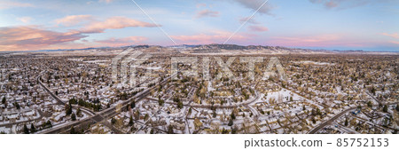 winter dawn over residential area of Fort Collins in Colorado 85752153