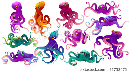 Cute color octopuses, sea animals with tentacles Cute color octopuses, sea animals with tentacles 85752473