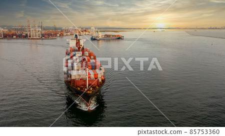 Aerial view container ship at industrial port import export global business company logistic transportation international by container ship, Container cargo vessel freight ship industrial. Aerial view container ship at industrial port import export global business company logistic transportation international by container ship, Container cargo vessel freight ship industrial. 85753360