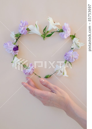 Frame of chamomiles, branches, leaves and petals on beige background. Frame of chamomiles, branches, leaves and petals on beige background. 85753697