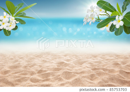 Focus area at sandy beach and bokeh sun light on blurry sea with plumeria flower branch Tropical Summer time concept background Focus area at sandy beach and bokeh sun light on blurry sea with plumeria flower branch Tropical Summer time concept background 85753703