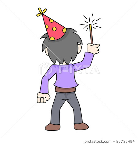 Boy seen from behind holding New Year celebration fireworks, doodle icon image kawaii 85755494