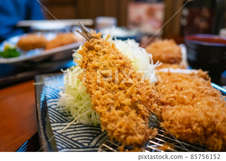 Large Aji fry and shredded cabbage. 85756152