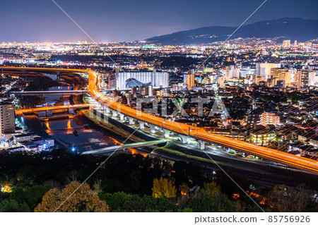 《Osaka Prefecture》 Night view of Satsukiyama, highways and residential areas 《Osaka Prefecture》 Night view of Satsukiyama, highways and residential areas 85756926