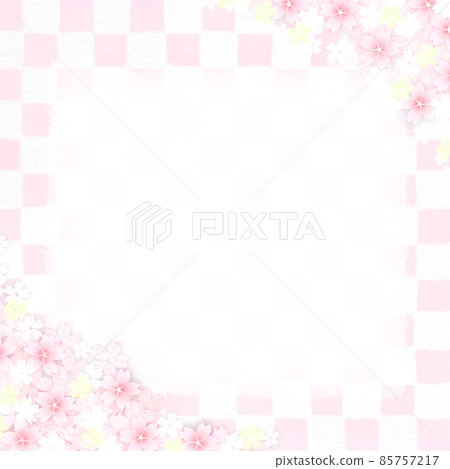 Square cherry blossom frame and pink checkered background copy space 85757217