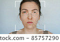 Biometric face recognition. Female portrait. Future tech, face detection, scanning, secure system and id biometric. 85757290