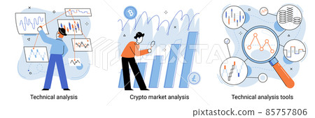 Technical trader analyzing stock chart, crypto market analysis, technical analysis tools vector set Technical trader analyzing stock chart, crypto market analysis, technical analysis tools vector set 85757806