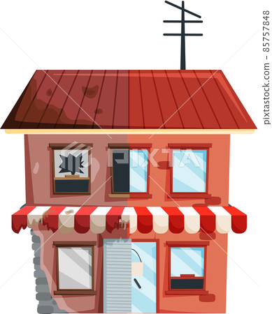 Home renovation, old house before and after repair. New and old suburban cottage. Remodel building Home renovation, old house before and after repair. New and old suburban cottage. Remodel building 85757848