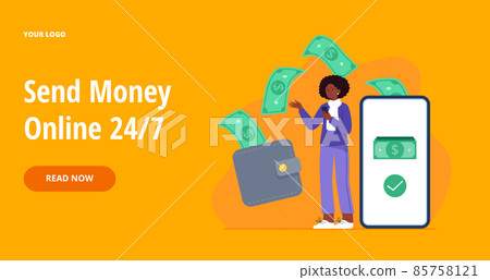 A girl transfers money to a bank account. Transfer money from a wallet to a smartphone. A woman uses their phone as an electronic wallet. Vector flat illustration for banners, webpage. A girl transfers money to a bank account. Transfer money from a wallet to a smartphone. A woman uses their phone as an electronic wallet. Vector flat illustration for banners, webpage. 85758121
