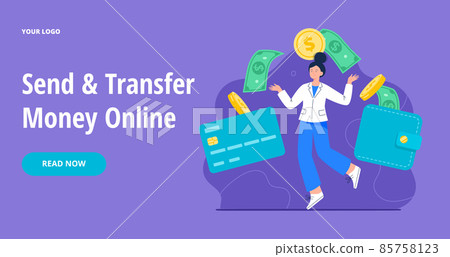 Money transfer from and to a card. Capital flow, earning or making money. Financial savings or economy concept. Vector flat illustration for banners, webpage. 85758123