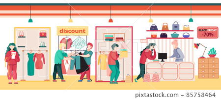 Women in clothing store on black friday. Seasonal discount offers, clothes on sale. Closeout in shop Women in clothing store on black friday. Seasonal discount offers, clothes on sale. Closeout in shop 85758464