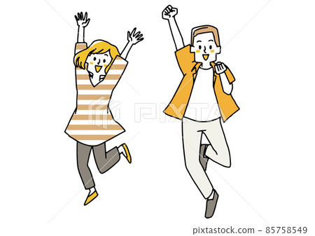 A set of a woman and a man who expresses joy and determination while pushing up their fists and jumping. Warm hand-drawn portrait illustration. 85758549