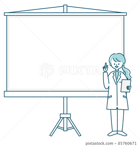 Illustration of a woman in a lab coat sticking her finger in front of the screen Illustration of a woman in a lab coat sticking her finger in front of the screen 85760671