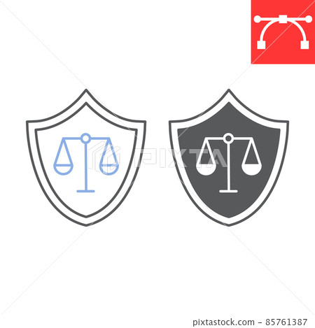 Insurance law line and glyph icon, protection and lawyer, shield and scale vector icon, vector graphics, editable stroke outline sign, eps 10. 85761387