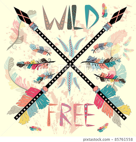 colorful illustration with crossed ethnic arrows, feathers and tribal ornament. Boho and hippie style. American indian motifs. Wild and Free poster colorful illustration with crossed ethnic arrows, feathers and tribal ornament. Boho and hippie style. American indian motifs. Wild and Free poster 85761558