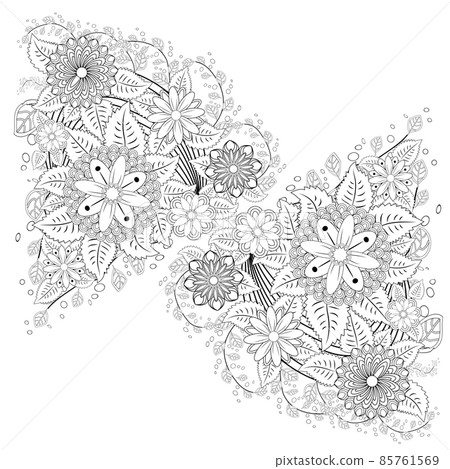 Black and white ornamental fantastic flowers, magic composition. Monochrome Pattern: Floral Texture, Adult Coloring Book page 85761569