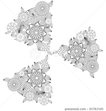 Black and white ornamental fantastic flowers, magic composition. Monochrome Pattern: Floral Texture, Adult Coloring Book page 85761585