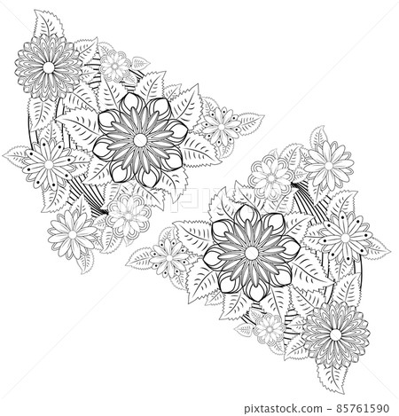 Outline vector drawing of flowers for adult coloring books. Page of floral pattern in black and white. Outline vector drawing of flowers for adult coloring books. Page of floral pattern in black and white. 85761590