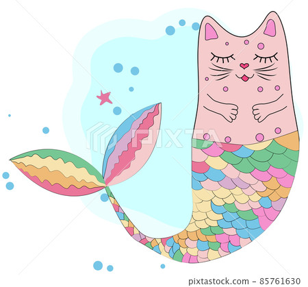 Cat unicorn with a mermaid's tail in the colors of the rainbow, print design 85761630
