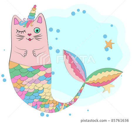 Cat unicorn with a mermaid's tail in the colors of the rainbow, print design 85761636