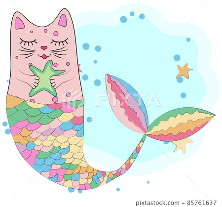Fun magic cat unicorn and mermaid. Cat unicorn with a mermaid's tail in the colors of the rainbow, print design Fun magic cat unicorn and mermaid. Cat unicorn with a mermaid's tail in the colors of the rainbow, print design 85761637