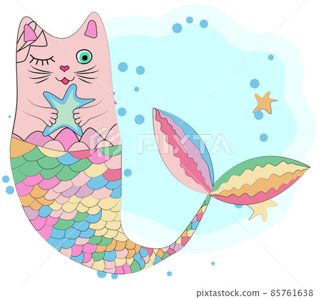 Fun magic cat unicorn and mermaid. Cat unicorn with a mermaid's tail in the colors of the rainbow, print design 85761638