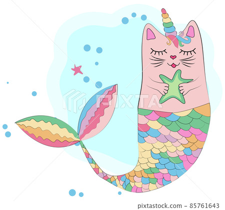 Fun magic cat unicorn and mermaid. Cat unicorn with a mermaid's tail in the colors of the rainbow, print design Fun magic cat unicorn and mermaid. Cat unicorn with a mermaid's tail in the colors of the rainbow, print design 85761643
